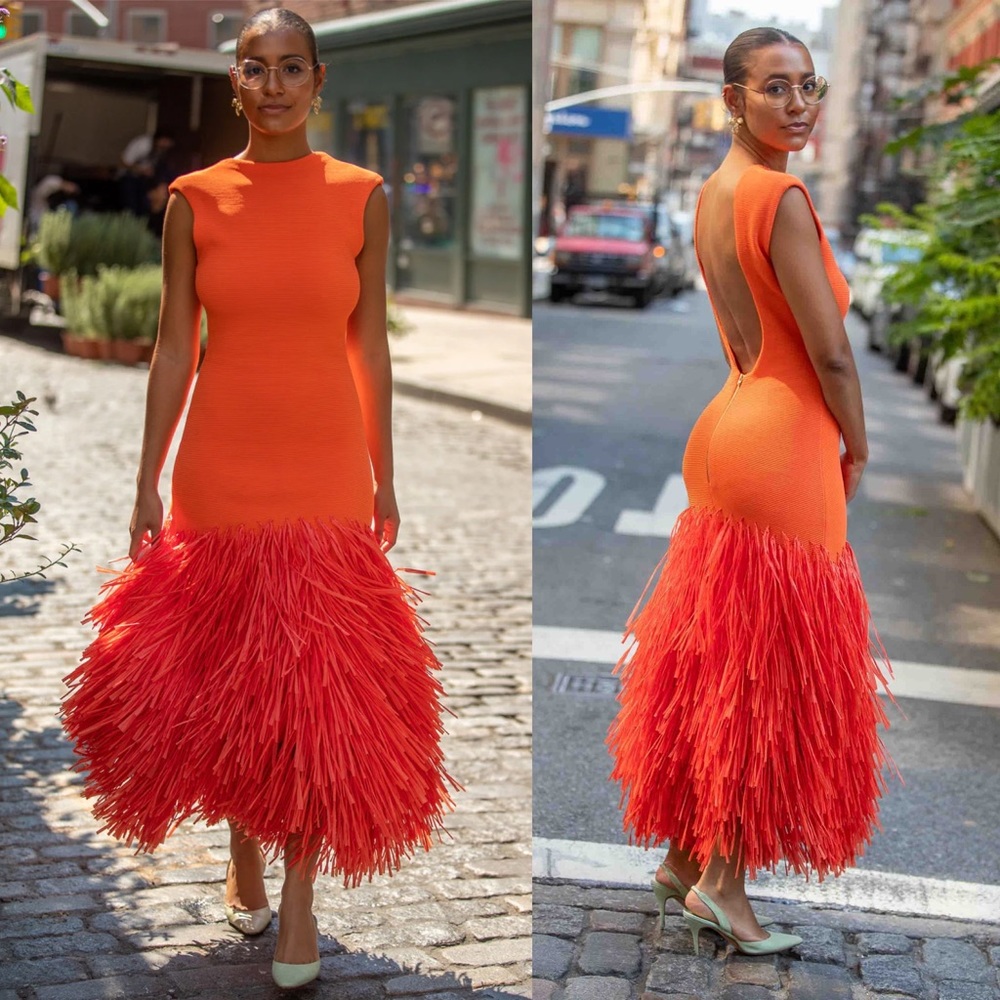 Aje Rushes Raffia Trimmed Ribbed Stretch Knit Dress Orange - Picture 12 of 16